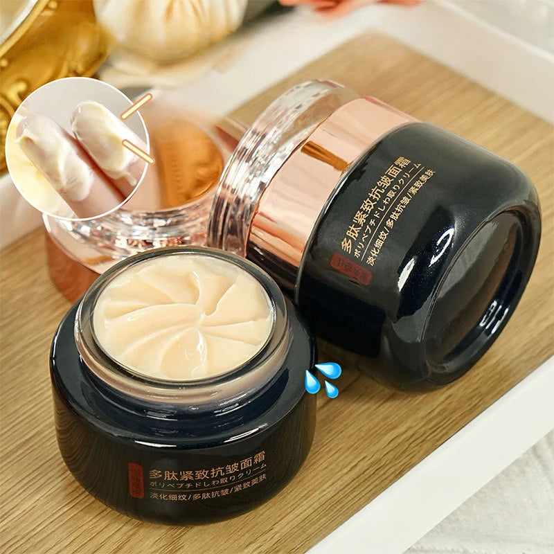 Black and rose gold jars of anti-wrinkle cream with smooth, pale beige product visible inside.