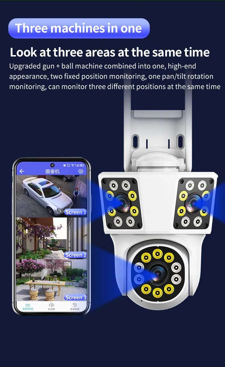 6K 12MP WiFi Outdoor Camera 3 Lens 3 SCREENS Ai Motion Tracking  PTZ 4K Video Camera Security surveillance Camera IPC360 Home