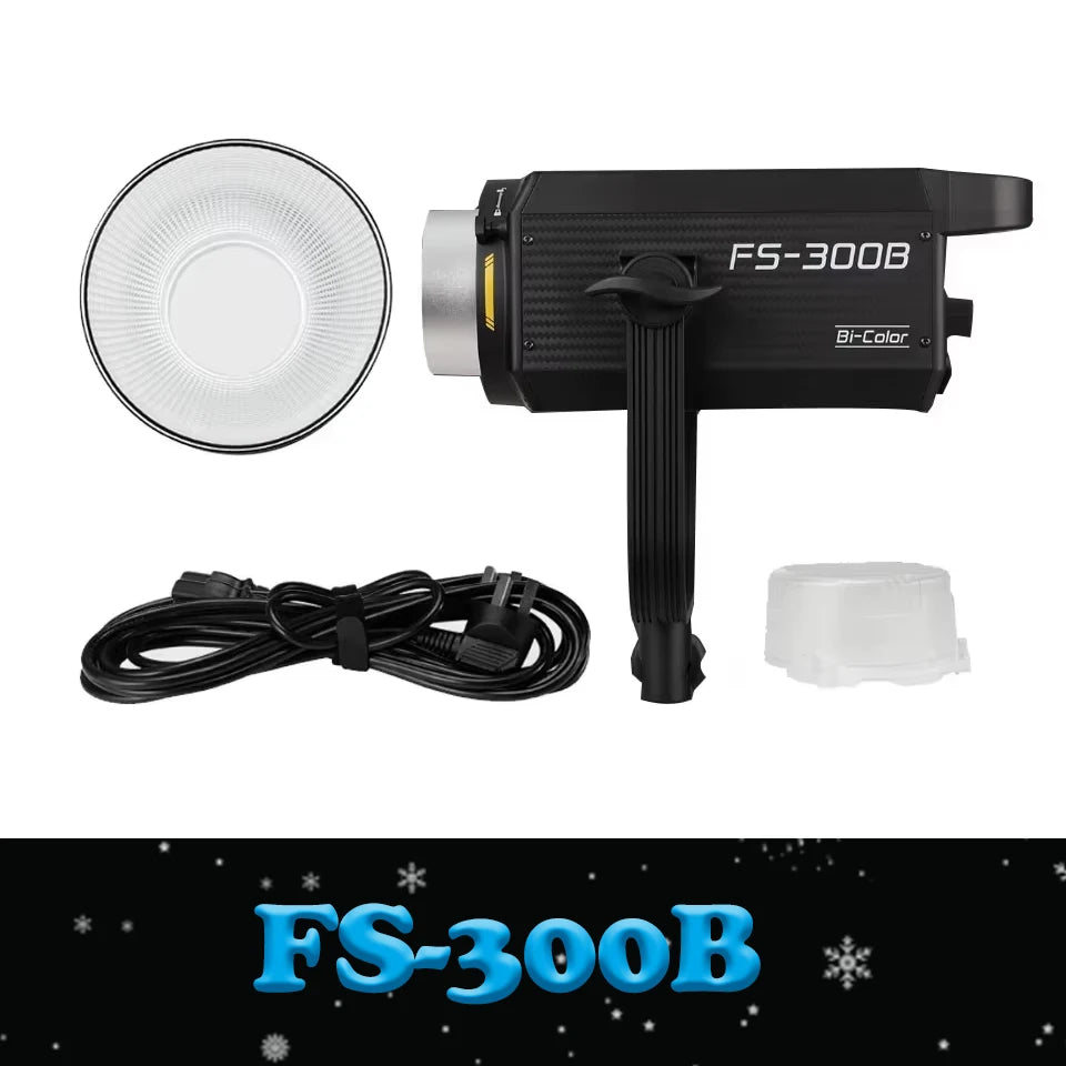 FS-300B bi-color LED video light, reflector, power cable, and protective cap on a white background.