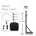 18-inch ring light with black adjustable stand, three phone mounts, remote, power cable, and carrying case.