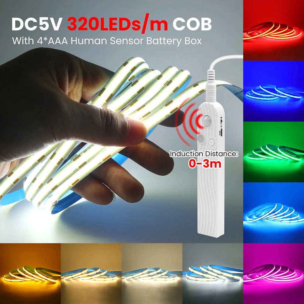 5V Motion Sensor LED COB Light Strip Human Induction USB/Battery Powered Flexible Lamp Under Cabinet Stairs Wardrobe Nightlights