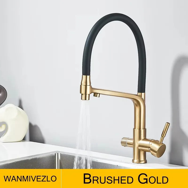 2-in-1 Filtered Kitchen Faucet, Dual Outlet Drinking Water Purifier Tap with Flexible Black Gooseneck, 360° Rotatable Single Handle Hot Cold Mixer Tap