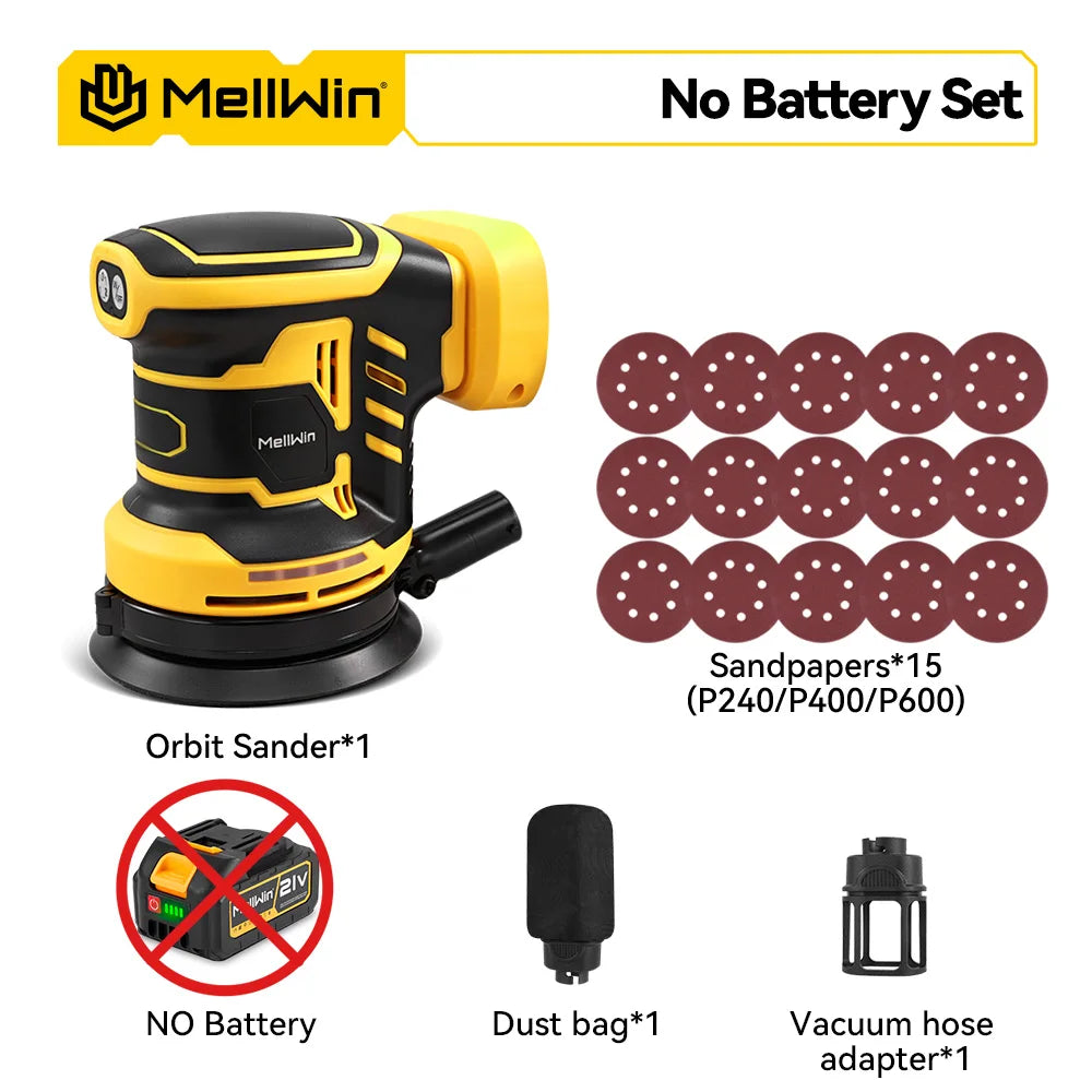 MELLWIN 125MM Electric Orbital Sander Polisher 3 Speeds Adjustable Wood Metal Sanding Polishing Tool For Makita 18V Battery Pin