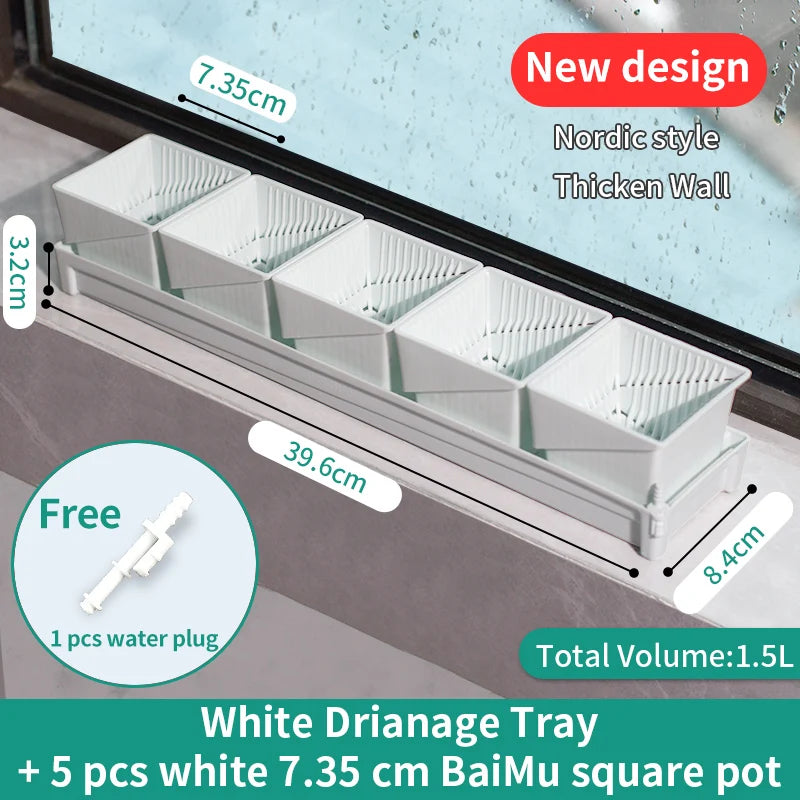 White drainage tray with 5 plastic 7.35 cm square succulent pots, thick design.