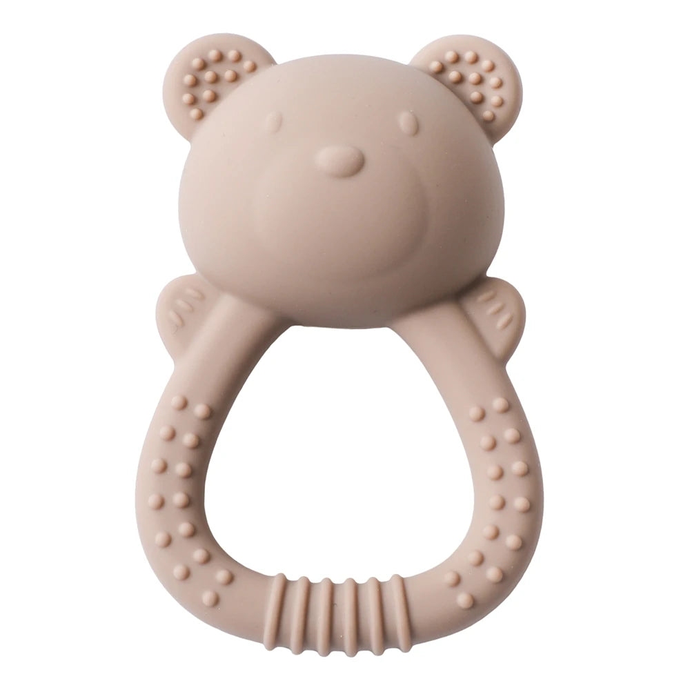 Taupe bear silicone teething toy for baby teething relief.