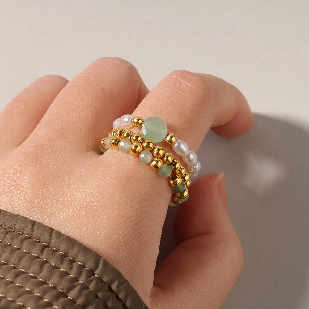 Beach style stacked natural stone ring - simple imitation pearl elastic rope bead ring - suitable for daily wear