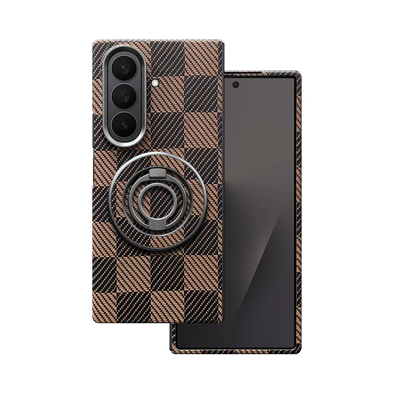 Samsung Galaxy Z Fold phone case with a brown and black checkered pattern, integrated camera cutout, and metal ring