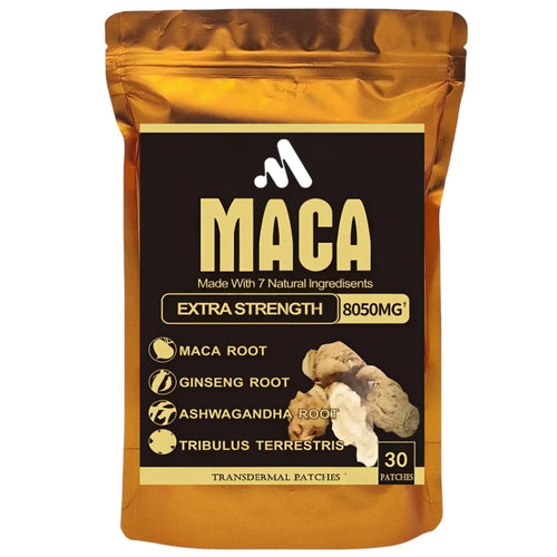 Gold pack of 30 stress-relief ashwagandha and maca root transdermal patches (8050mg) for natural adaptogen support.