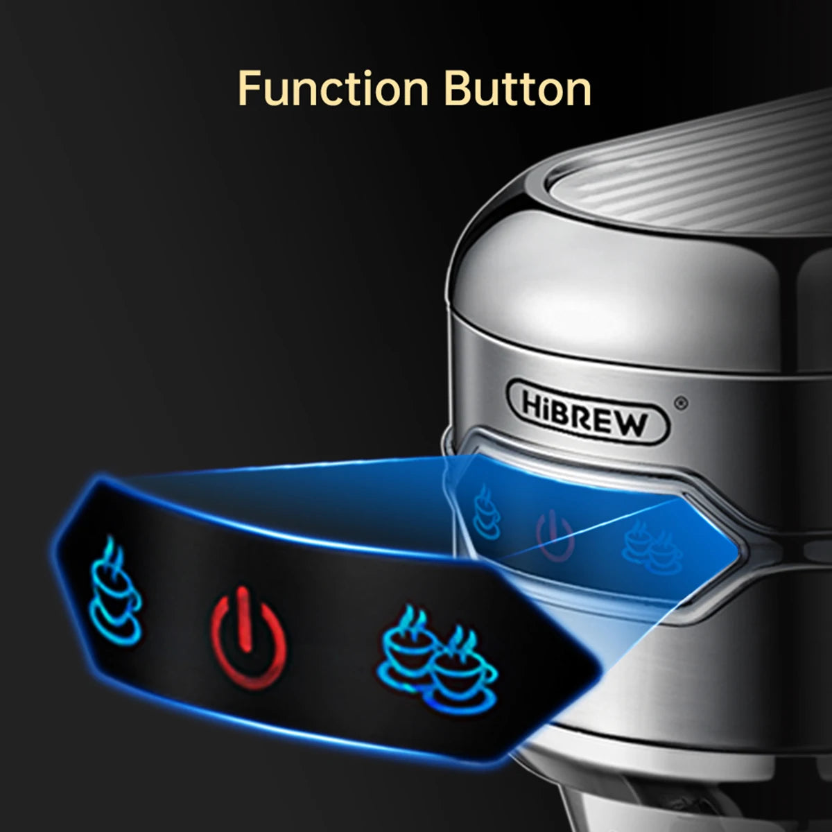 HiBREW silver stainless steel coffee maker showing illuminated LED function buttons for single and double cup brewing.