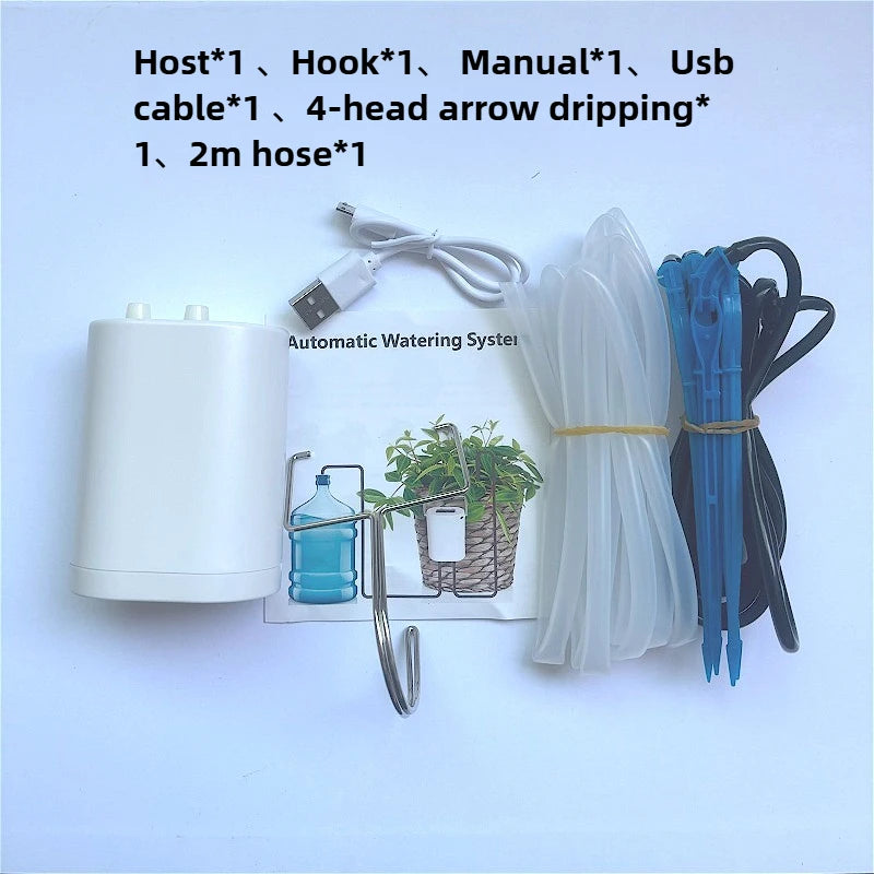 Drip irrigation timer kit with base unit, USB cable, and multiple drip hoses