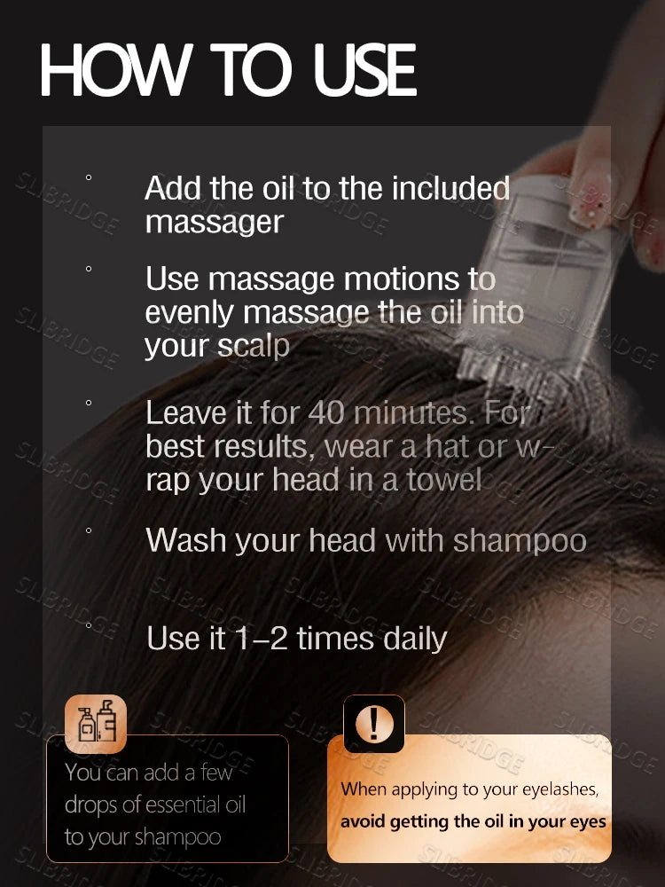 Clear scalp oil applicator tool massaging hair roots with bristles to improve scalp health and hair growth.