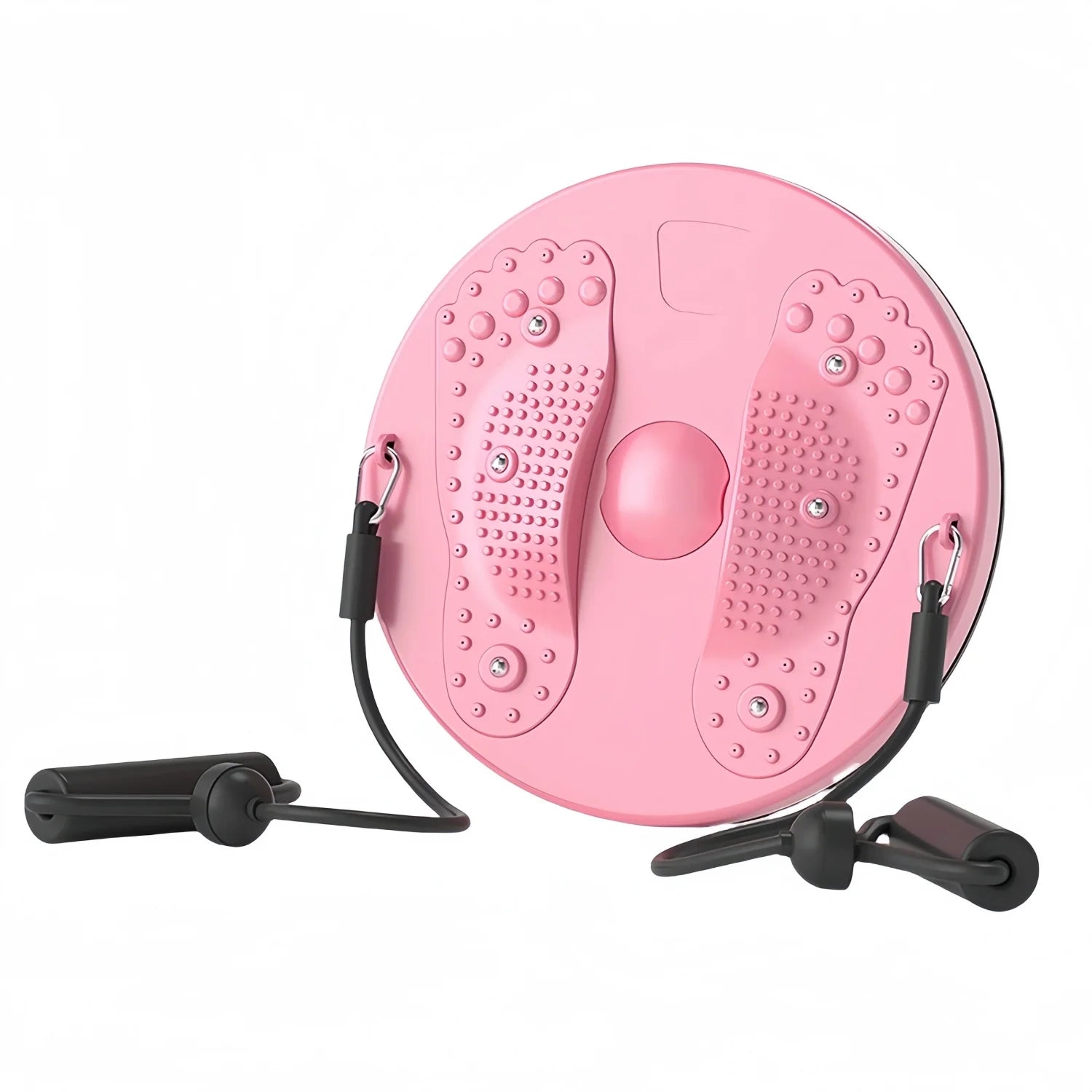 Pink circular plastic waist twisting disc with textured foot pads and attached black resistance bands for exercise.
