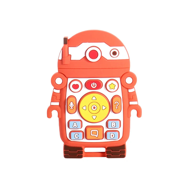 Orange silicone robot baby teething toy for relief.