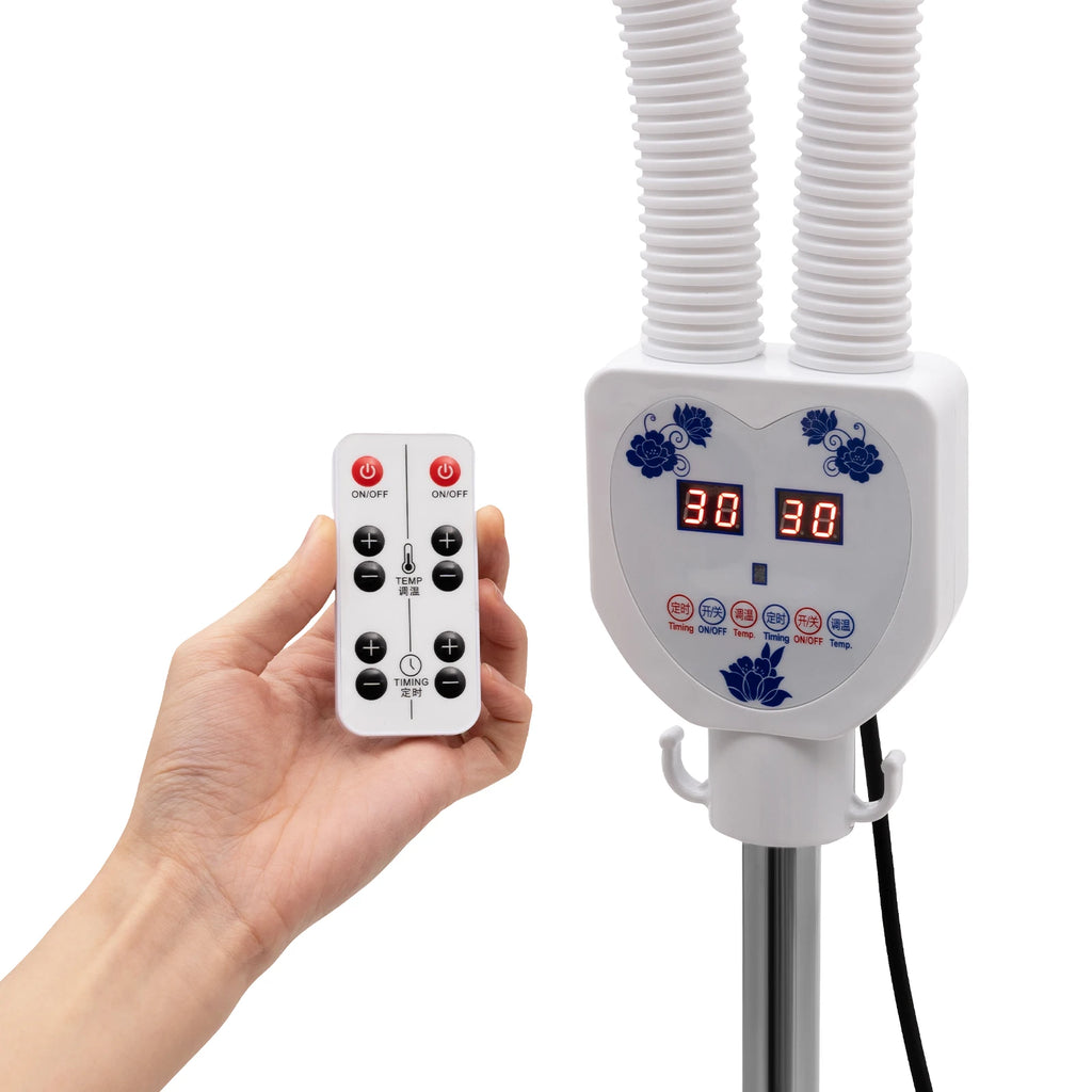 275W double-headed infrared heat lamp with remote control, adjustable temperature settings, and digital display screen.