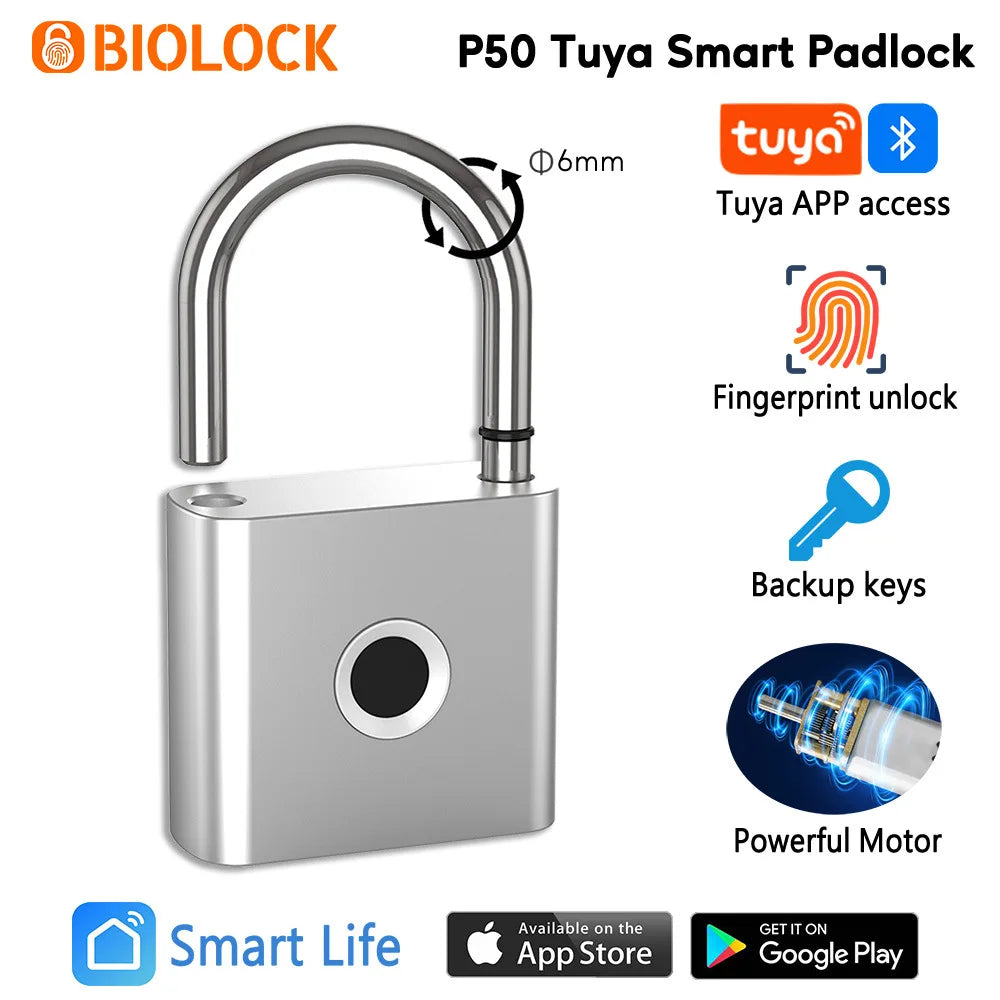 Tuya Fingerprint Padlock Bluetooth Smart Home Door Lock 20 Groups Fingerprint Safe Backup Key USB Charging For Home House Garage