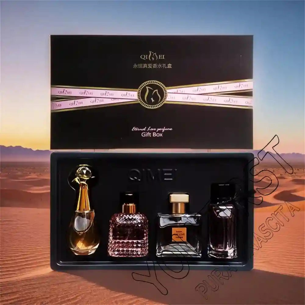 Qimei 4-piece women's EDP gift set: floral fruity natural scent, luxury bottles in varied geometric and elegant shapes.
