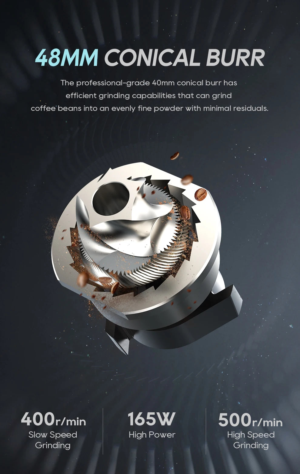 Silver 48mm conical burr for coffee grinder with 165W motor for efficient, high-speed bean grinding.