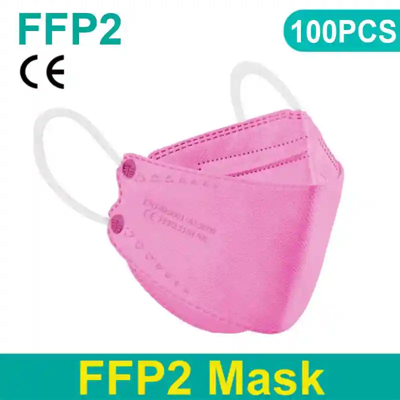 Pink 4-layer FFP2 KN95 face mask with textured fabric, white ear loops, and CE certification for dust protection.