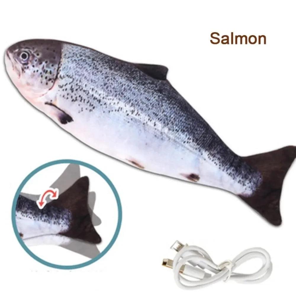 USB rechargeable plush salmon fish toy for cats and dogs, interactive moving toy for pet play and teeth grinding.