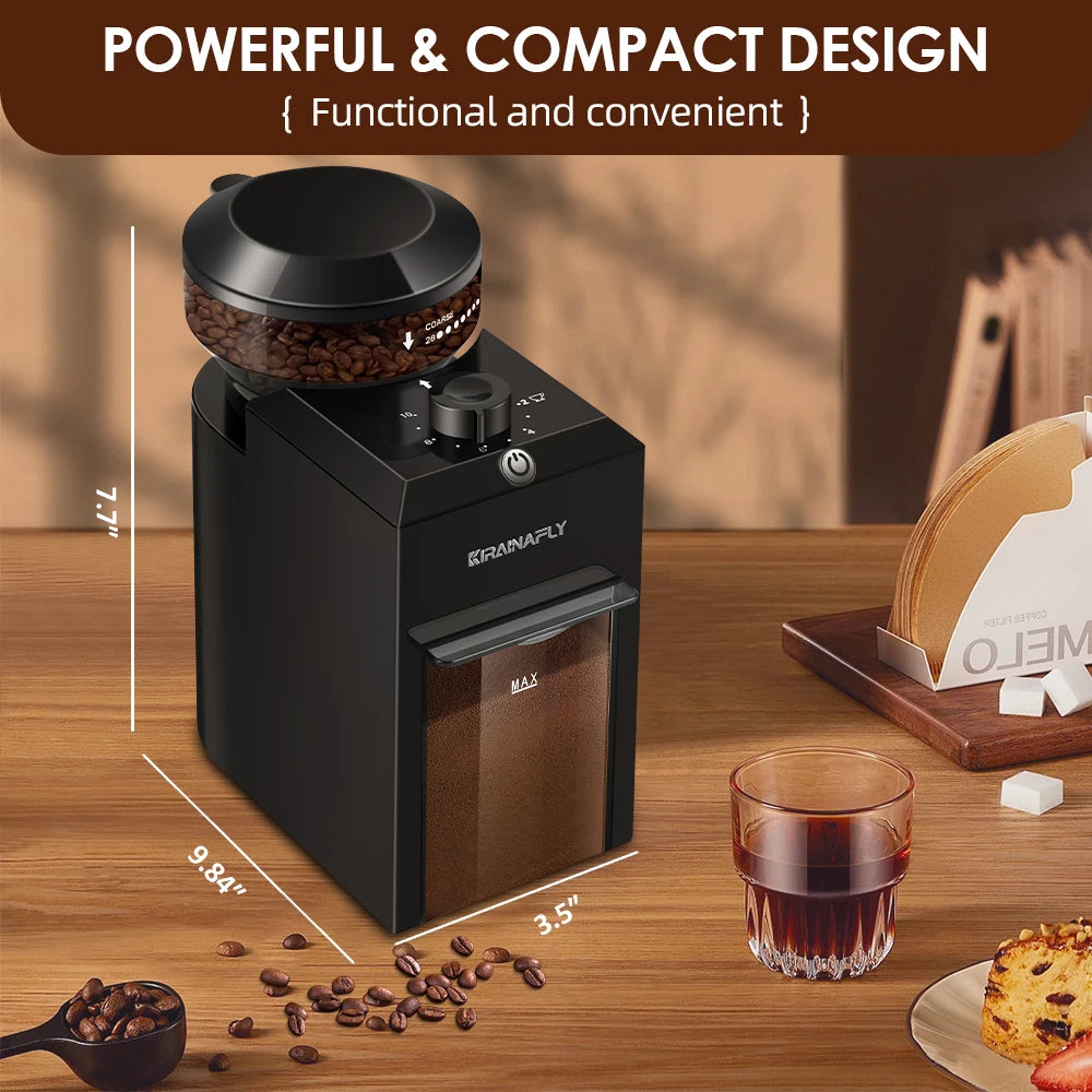 Krainafly compact black electric coffee grinder with adjustable grind settings and clear bean hopper on wooden table.