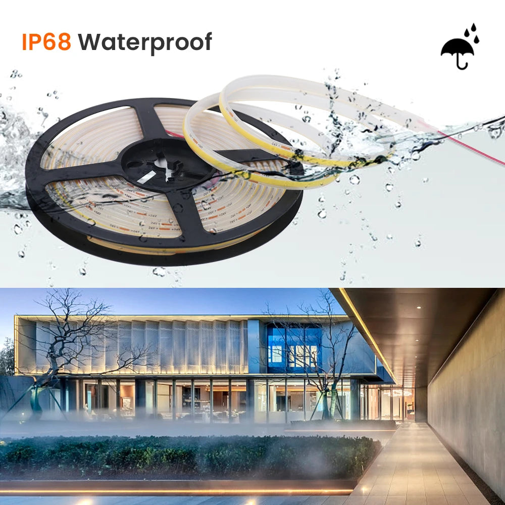 12V 24V IP68 Waterproof COB LED Strip Light 5m 10m 15m 20m 0.5m Flexible Tape IP30 320 LEDs High Density Bright Liner Lighting