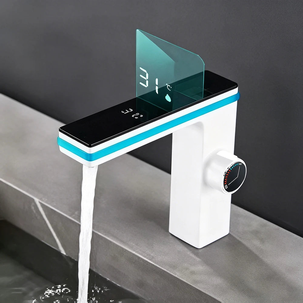 LED Digital Display Bathroom Faucet Deck Mounted Hot Cold Water Mixer Tap Smart Bathroom Sink Faucets Vanity Washbasin Faucet