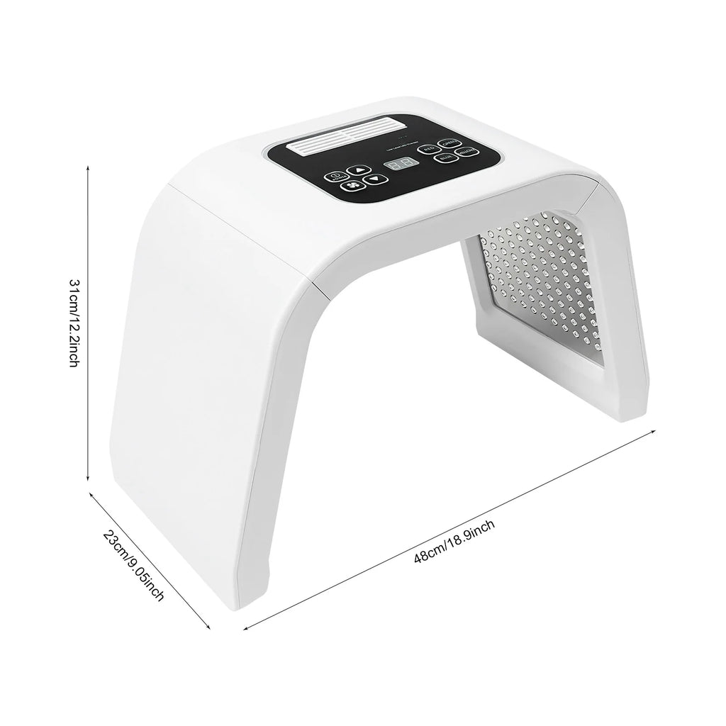 White arched LED facial therapy light machine with digital control panel and internal light matrix for skin treatment.