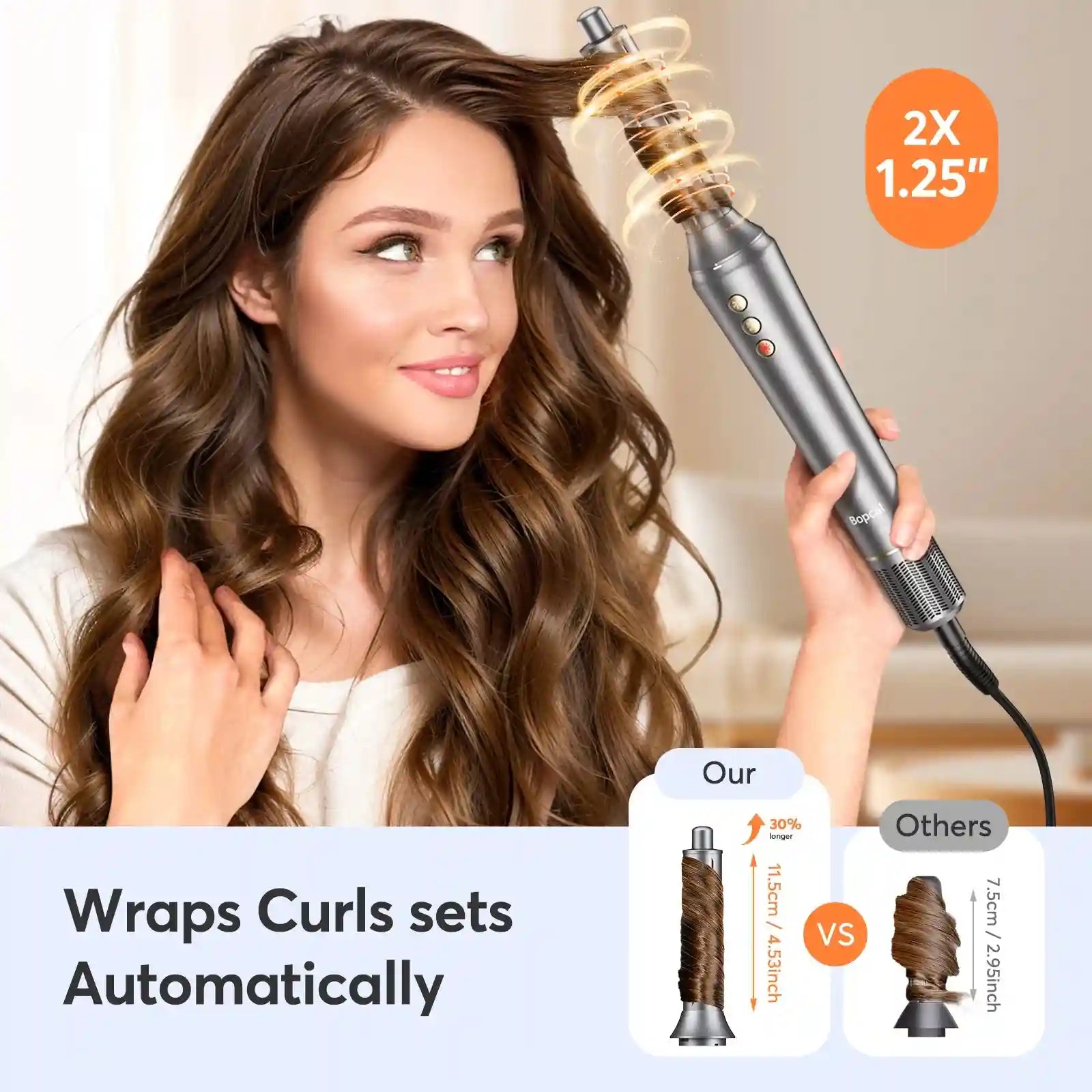 Bopcal 5-in-1 hair dryer and curling iron in grey, featuring an automatic curling attachment for easy styling.