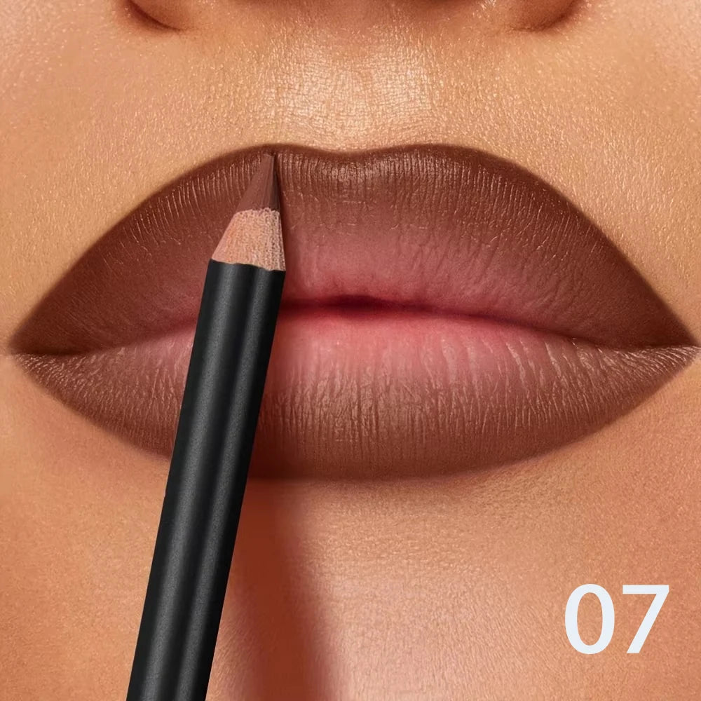 Brown waterproof matte lip liner pencil applying long-lasting, non-transfer color to defined, contoured lips.