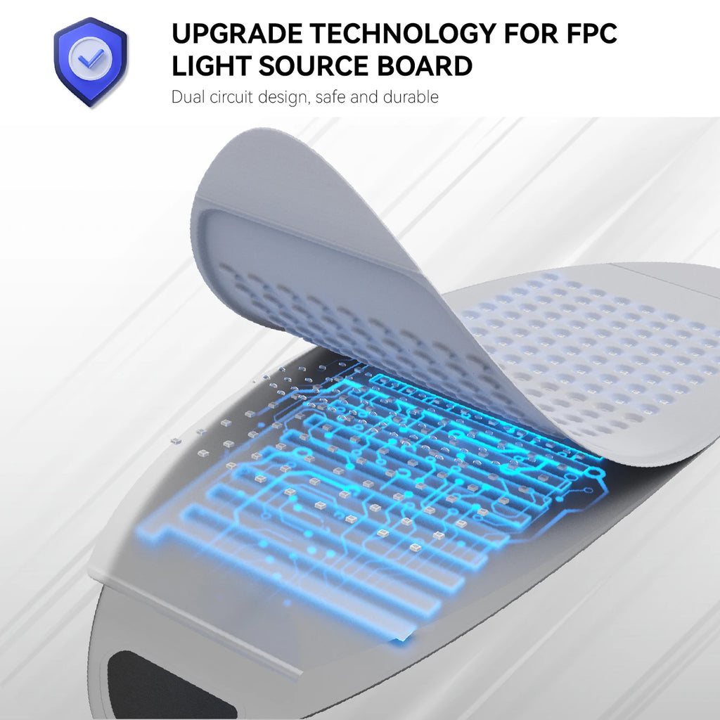 A white, flexible LED face mask peeled back to reveal a blue, glowing FPC circuit board inside.
