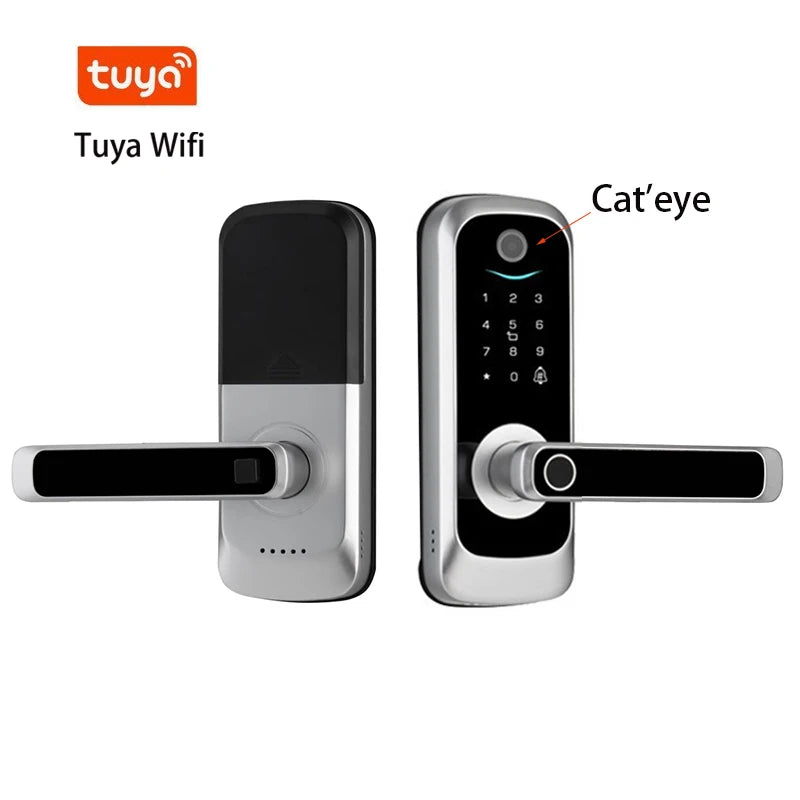 Keypad Door Lock With Handle Fingerprint Door Lock Smart Doorbell Cat eye Peephole Camera Tuya Wifi App Door Locks For Bedrooms