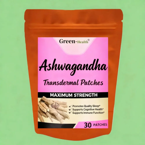 Orange pouch of 30 Green-Health Ashwagandha transdermal patch supplements for adaptogen stress relief and sleep support.