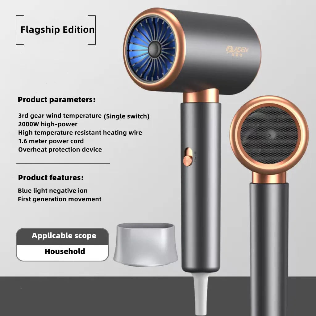 High-speed gray & rose gold ionic hair dryer with nozzle attachment, blue light technology, and powerful 2000W motor.
