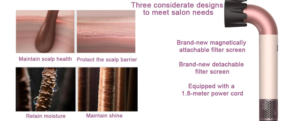 Rose gold 1400W fast-drying hair dryer with magnetic nozzle and detachable filter for professional salon-style hair.