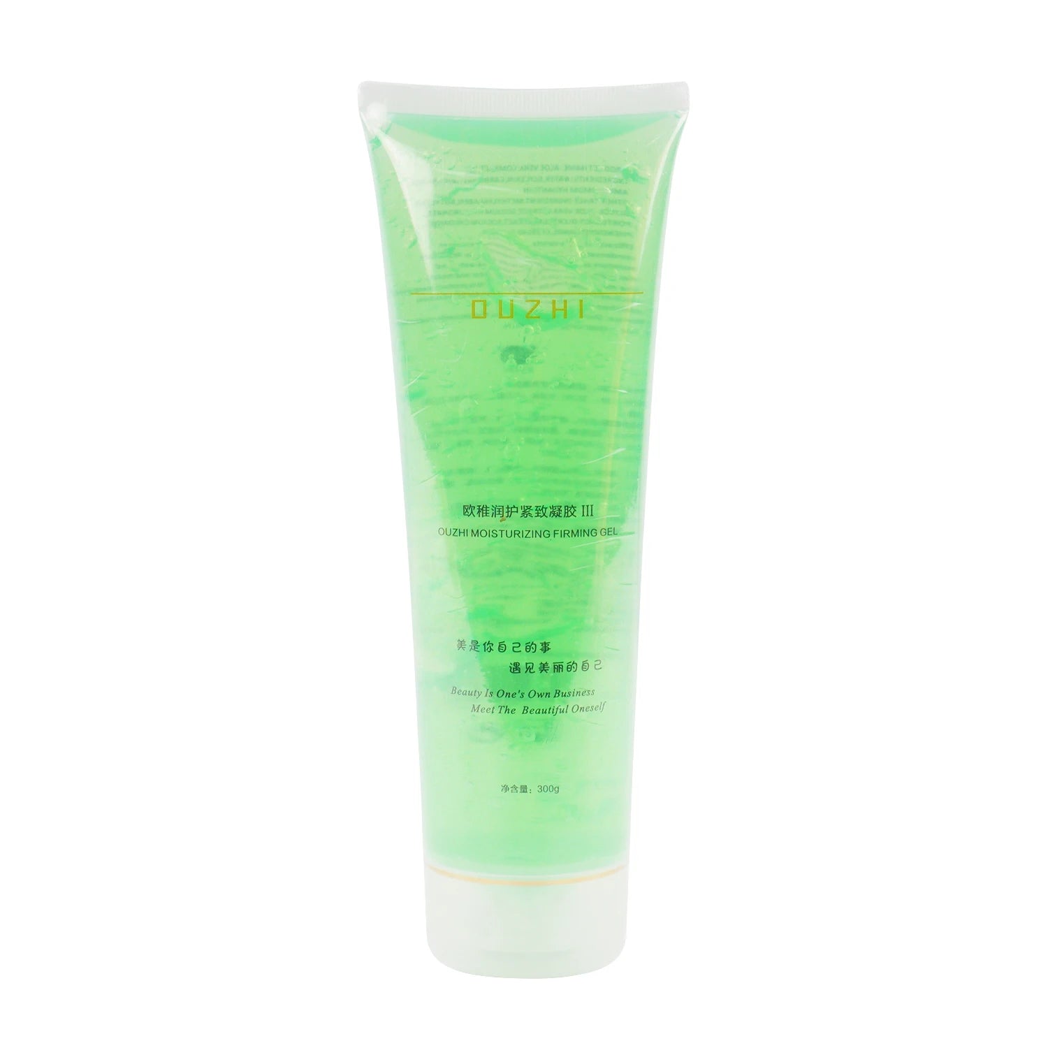 Clear plastic squeeze tube of green moisturizing firming gel, 300g, for skincare.