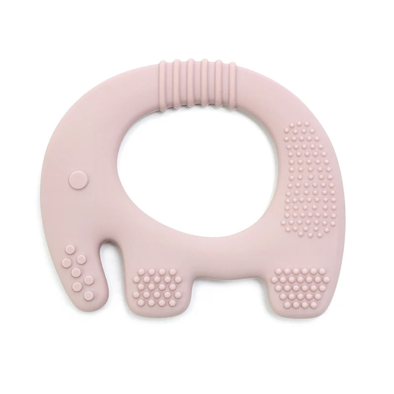 Pink silicone elephant baby teething toy with textured surfaces for soothing infant gums.