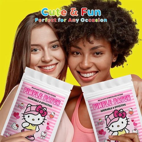 Hello Kitty hydrocolloid acne patch sachets with pink Pimple Patch label, held by models