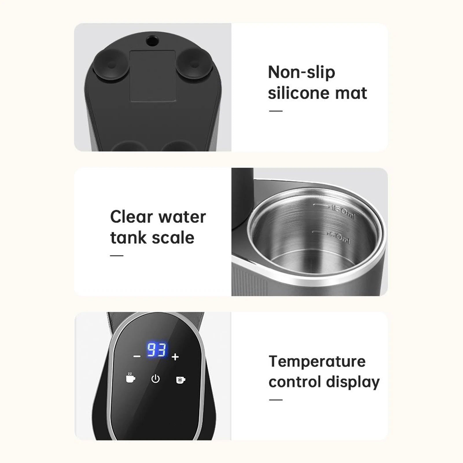 Black electric coffee maker features: non-slip silicone base, 150ml steel water tank, and digital temp control display.