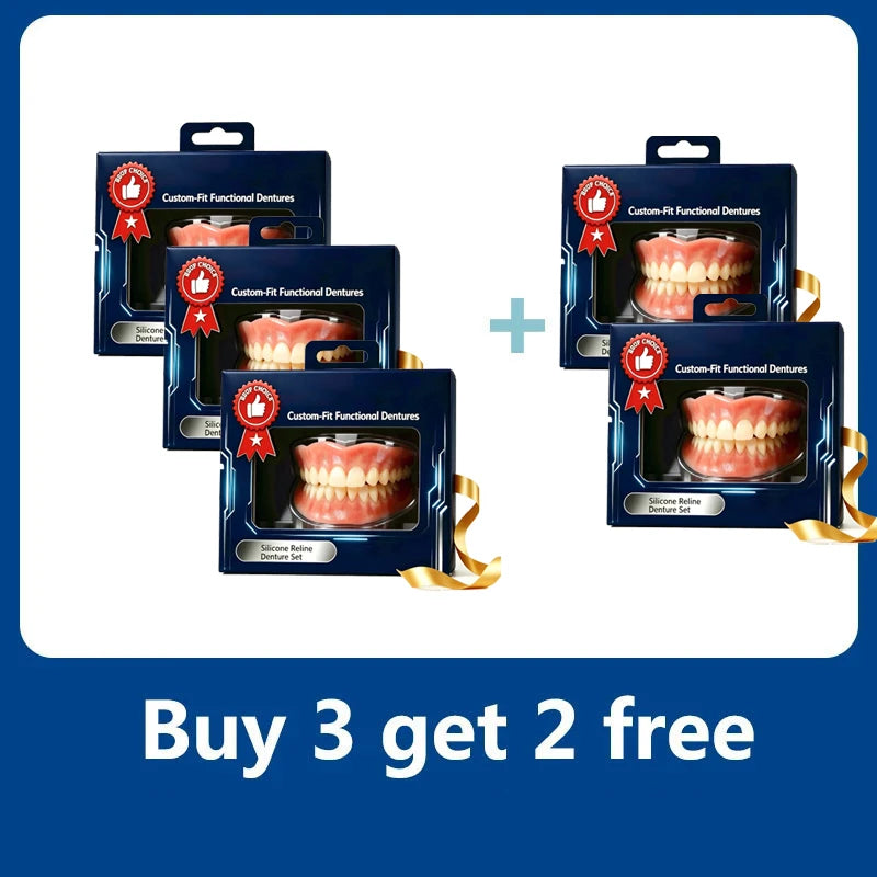 The image provided shows adult dental products (dentures), not baby teething items. Therefore, it is not possible to write accurate alt text using the requested baby teething keywords.