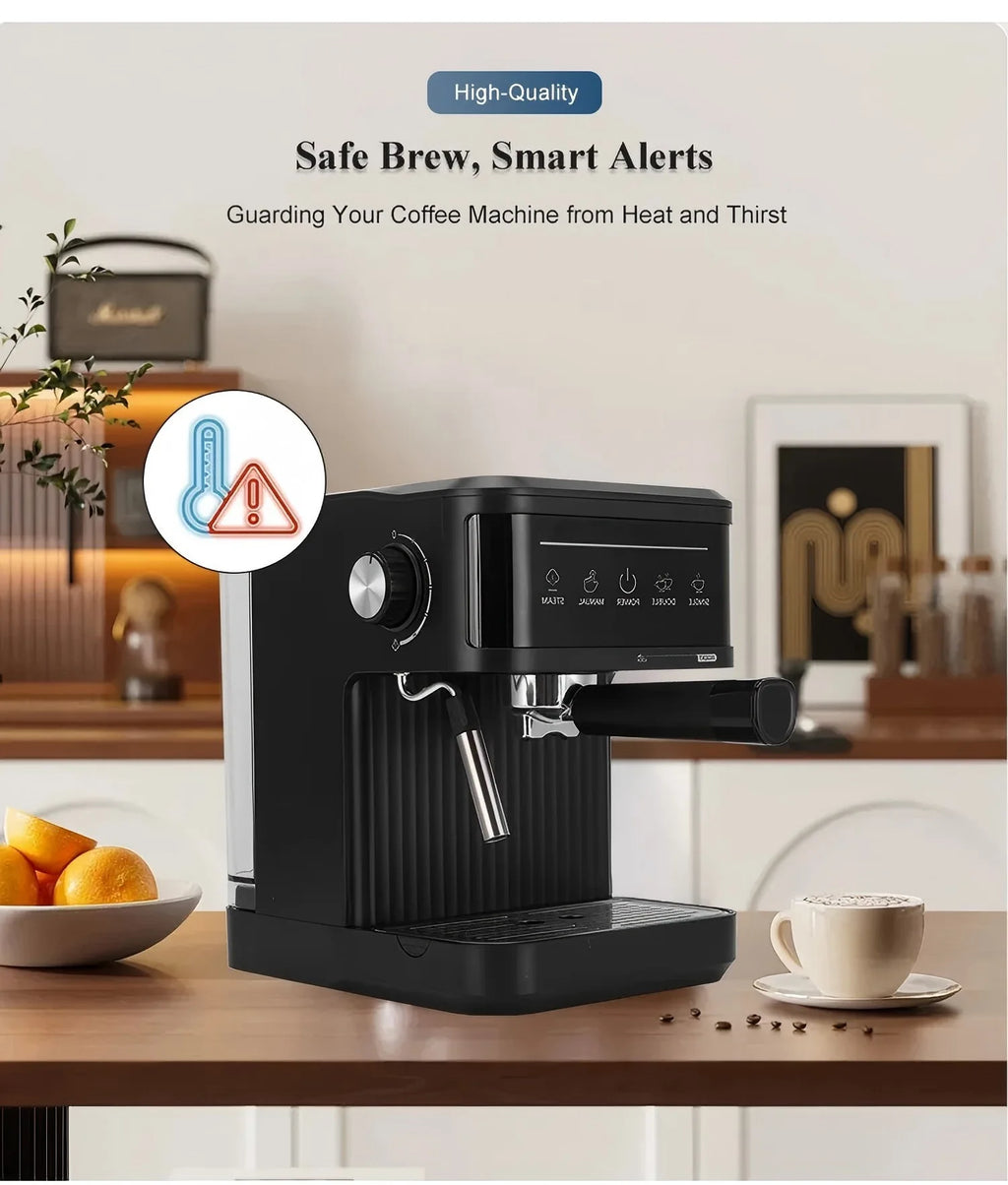 Matte black espresso machine with steam wand, touch control panel, and smart heat-alert safety features for home use.