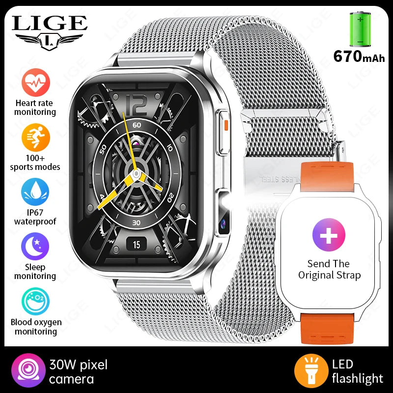 Smartwatch with silver case and silver mesh band, plus extra orange strap
