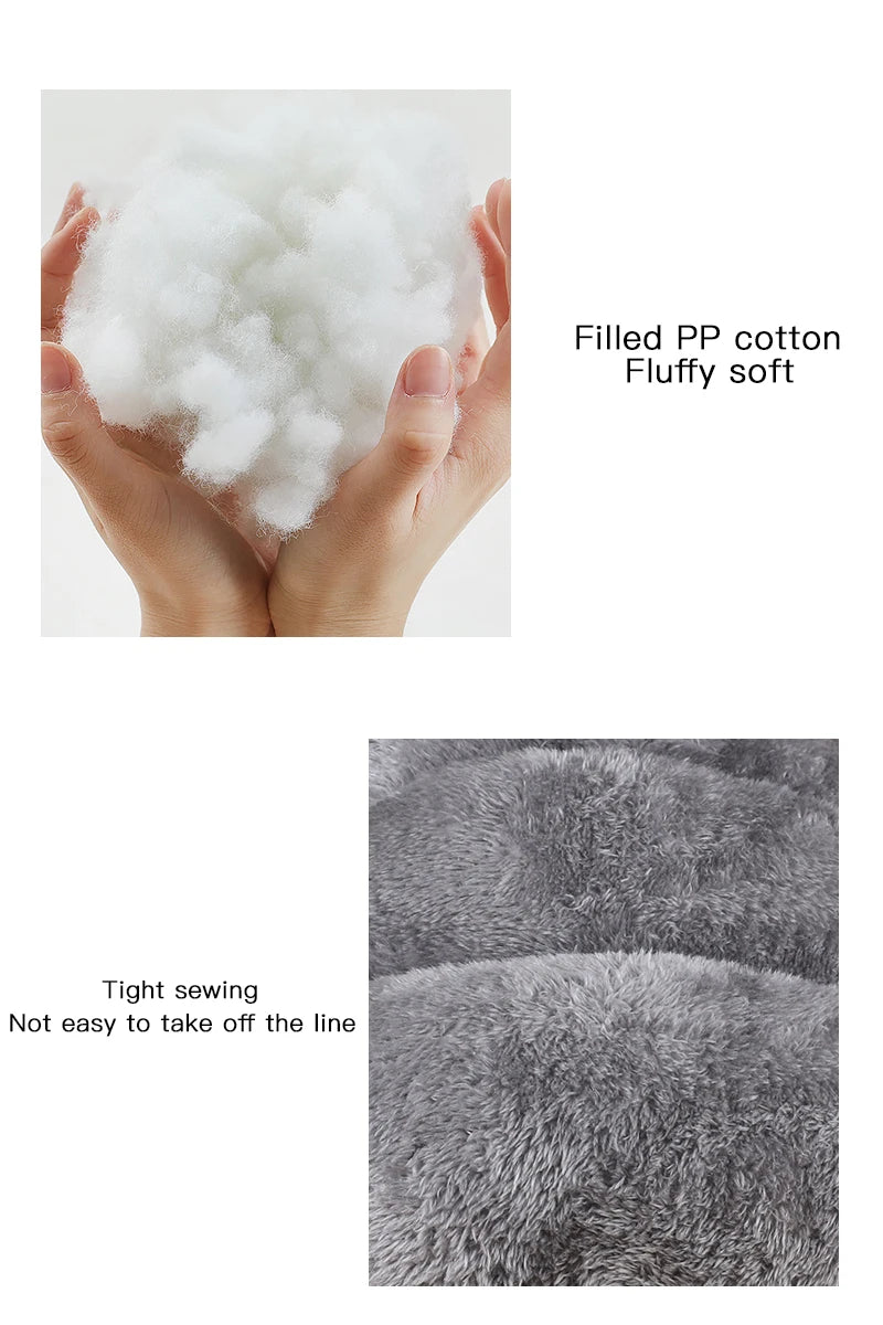 Plush grey dog bed details: soft PP cotton filling and durable, tight stitching for a washable, long-lasting pet sofa.