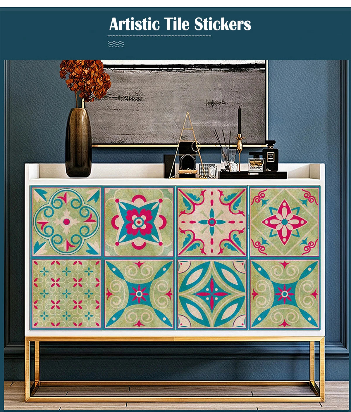 Neutral Boho Floral Tile Stickers Self Adhesive Glossy PVC Waterproof Decals Kitchen Bath Cabinet Backsplash Wall Home Deco