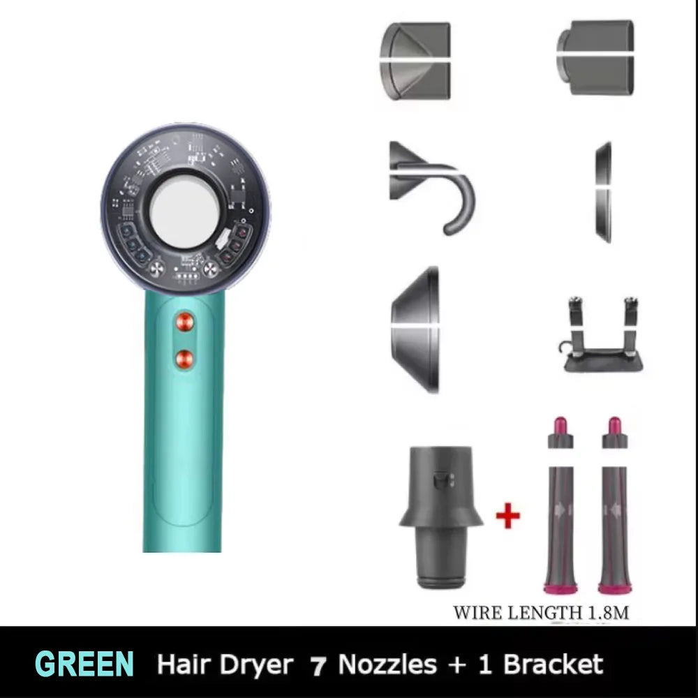 Green high-speed ionic hair dryer with 7 attachments and wall bracket for professional fast drying and hair care.