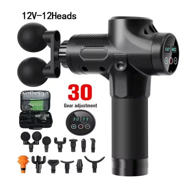 Black handheld massage gun with 12 interchangeable heads, digital speed display, and carrying case for muscle recovery.