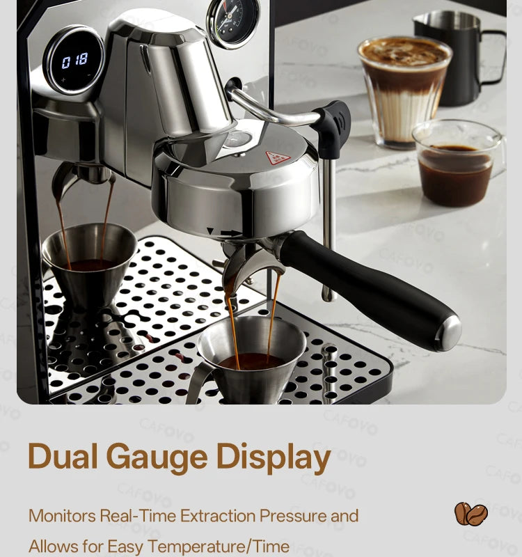 Cafovo chrome espresso machine with dual gauge display and digital timer brewing two shots of coffee.