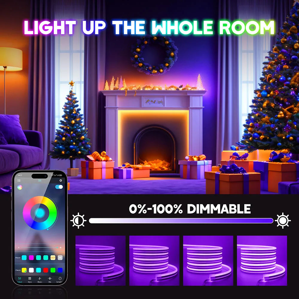 RGB Neon Light LED Rope Light Waterproof APP Remote Control Music Sync 24V Flexible DIY Silicone Strip Light for Indoor Outdoor