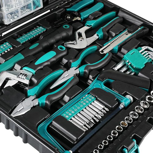 Teal and black hand tool assortment with sockets, bits, wrenches, and screwdriver heads