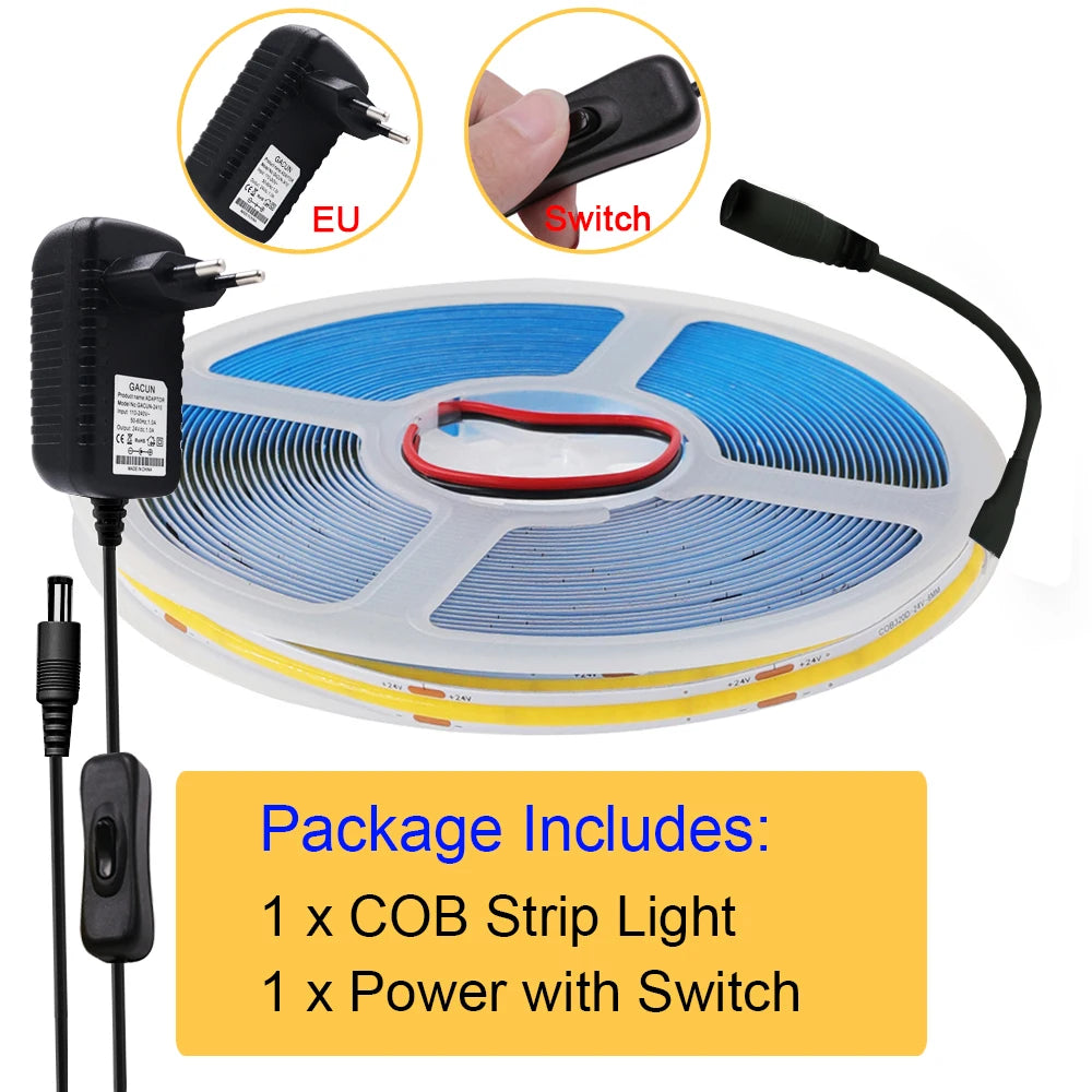 COB LED strip kit with 12V EU power adapter and on/off switch
