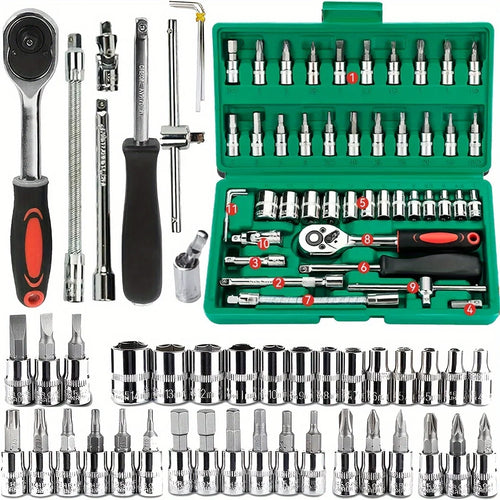 Complete mechanic tool set with green case, ratchet, sockets, extensions, and hex bits
